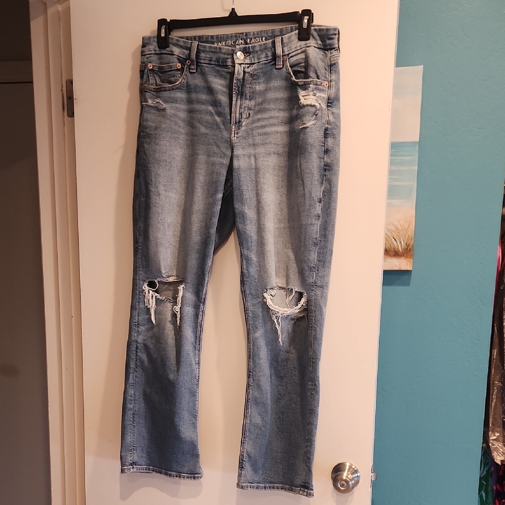 American Eagle Outfitters Women's Distressed Blue Curvy Straight Jeans